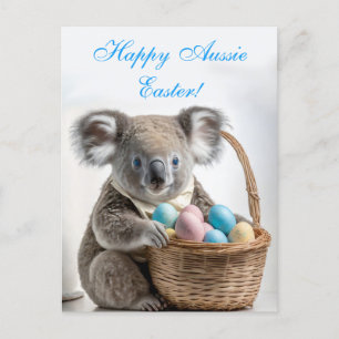 Postal Festiva Oso koala sosteniendo una cesta con huevos de Pasc