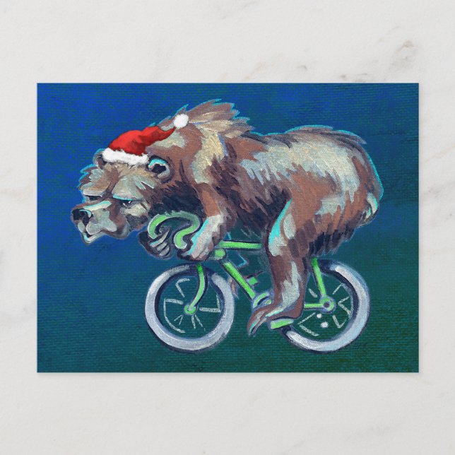 Postal Festiva Oso montando una bicicleta con Santa Hat (Anverso)