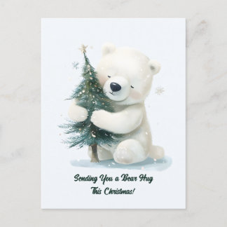 Postal Festiva Oso Polar Adorable Abrazando árbol de Navidad, lin