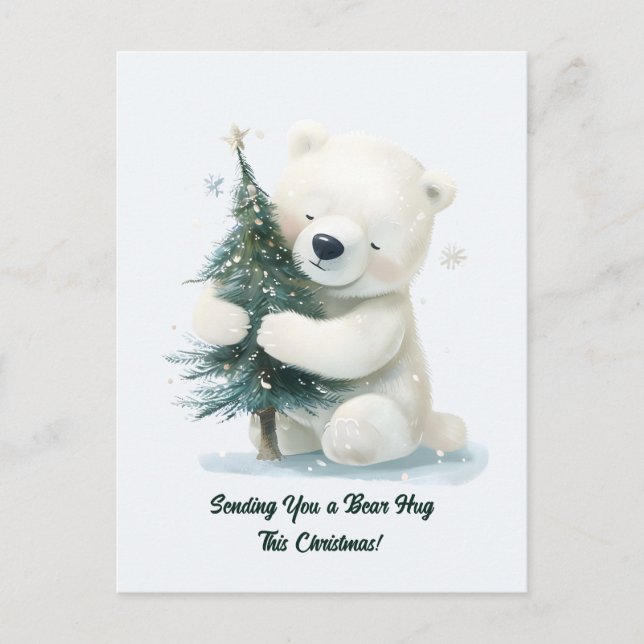 Postal Festiva Oso Polar Adorable Abrazando árbol de Navidad, lin (Anverso)