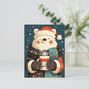 Postal Festiva Oso Polar con Taza de Chocolate Caliente