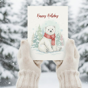 Postal Festiva Oso polar de invierno en acuarela linda 