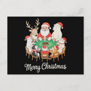 Postal Festiva Oso polar pingüino reno jugando póquer con Santa