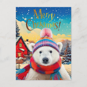 Postal Festiva Oso polar sombrero y bufanda de Santa