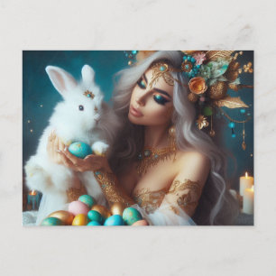 Postal Festiva Ostara diosa con el conejo de Pascua