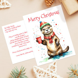 Postal Festiva Otoño Navideño Caprichoso de Familia de Nutria en
