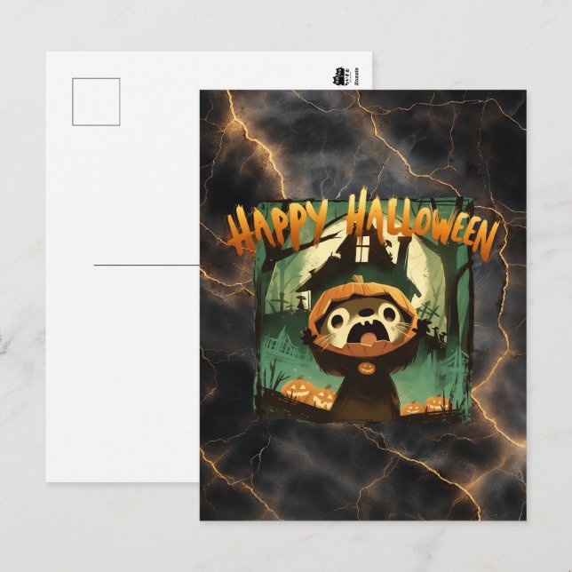 Postal Festiva Otter asustado con disfraz de calabaza de Hallowee (Anverso / Reverso)