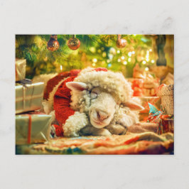 Postal Festiva Ovejas durmiendo bajo las luces de los árboles de 