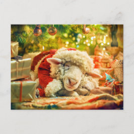 Postal Festiva Ovejas durmiendo bajo las luces de los árboles de 