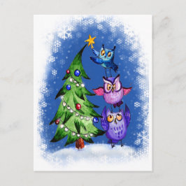 Postal Festiva Owls Navidades azul