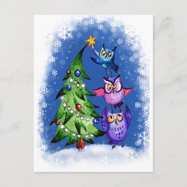 Postal Festiva Owls Navidades azul (Anverso)