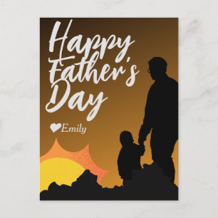Postal Festiva padre día papá e hija lindo silueta puesta de sol