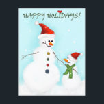 Postal Festiva Padre e hijo de Snowman<br><div class="desc">Un hombre de nieve adulto con su dulce hijo. Texto en la tarjeta: Felices vacaciones con un corazón encima de la i.</div>