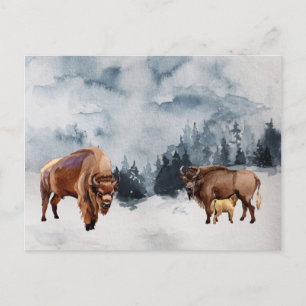 Postal Festiva Paisaje acuarela de invierno de Bisonte Búfalo