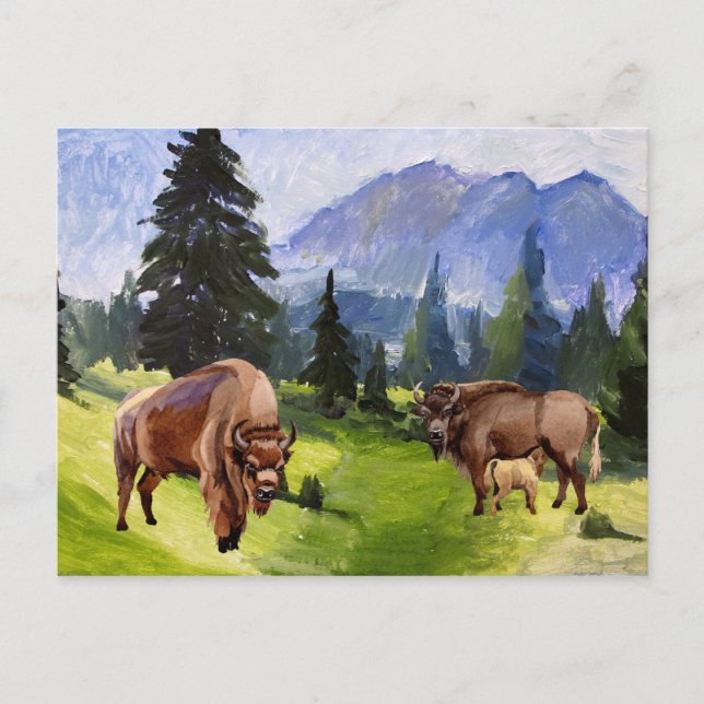 Postal Festiva Paisaje al Acuarela de Bisonte Búfalo (Anverso)