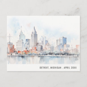 Postal Festiva Paisaje de acuarela de Detroit Michigan Viajes