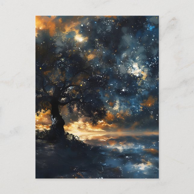 Postal Festiva Paisaje de árbol celeste estrellado (Anverso)