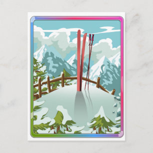 Postal Festiva paisaje de esquí de dibujos animados