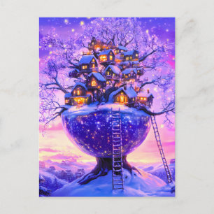 Postal Festiva Paisaje de pueblo de árbol nevado de fantasía de i