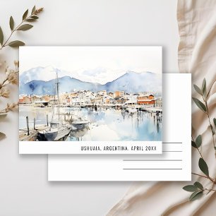 Postal Festiva Paisaje de Ushuaia Argentina Acuarela Viaje