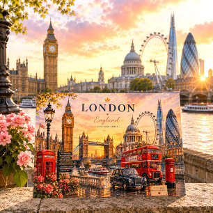 Postal Festiva Paisaje del atardecer de Londres en acuarela vinta