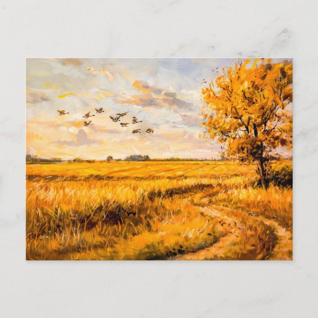 Postal Festiva Paisaje dorado con aves voladoras sobre Havelland (Anverso)