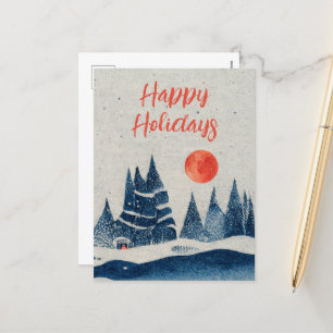Postal Festiva Paisaje invernal Bosque Moon Navy Dibujo Azul