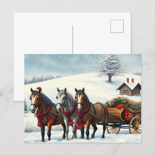Postal Festiva Paisaje invernal con caballos y cabinas