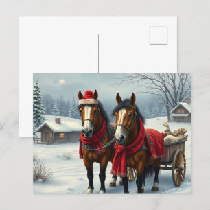 Postal Festiva Paisaje invernal con caballos y cabinas