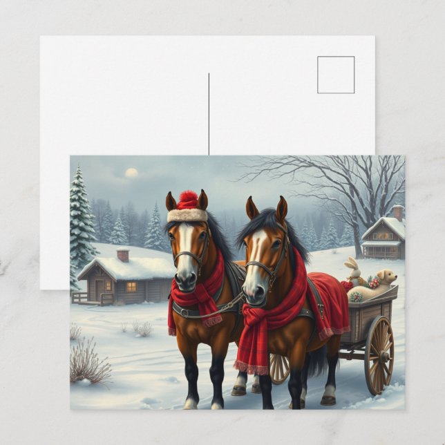 Postal Festiva Paisaje invernal con caballos y cabinas (Anverso / Reverso)