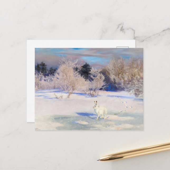 Postal Festiva Paisaje invernal con liebre blanca de B. Liljefors (Anverso/Reverso In Situ)
