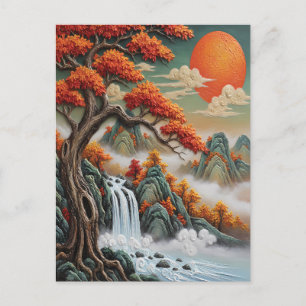Postal Festiva Paisaje montañoso de otoño con cascada