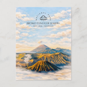 Postal Festiva Paisaje montañoso en acuarela de Bromo Tengger Sem