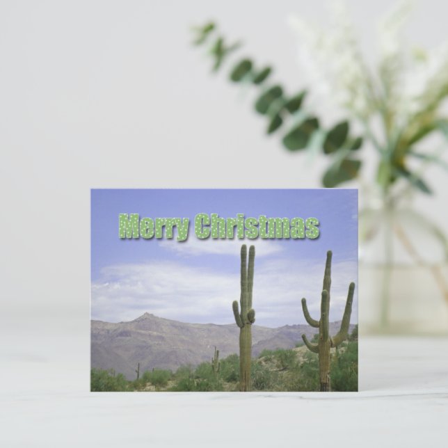 Postal Festiva Paisaje navideño suroeste con Saguaros (Anverso de pie)