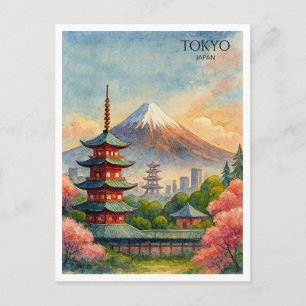 Postal Festiva Paisaje urbano de Tokio Japón Acuarela Recuerdo