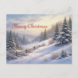 Postal Festiva Paisaje vintage de bosque de pino nevado de invier