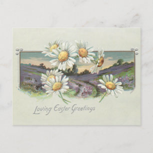 Postal Festiva Paisaje vintage de Pascua y Daisies