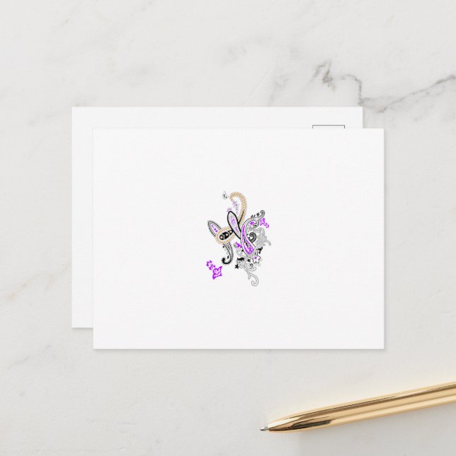 Postal Festiva Paisley Floral Motif - Boho White Purple Naranja (Anverso/Reverso In Situ)