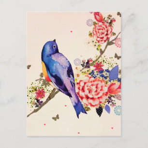 Postal Festiva Pájaro Azul Dorado Rojo Floral Mariposa Brillante