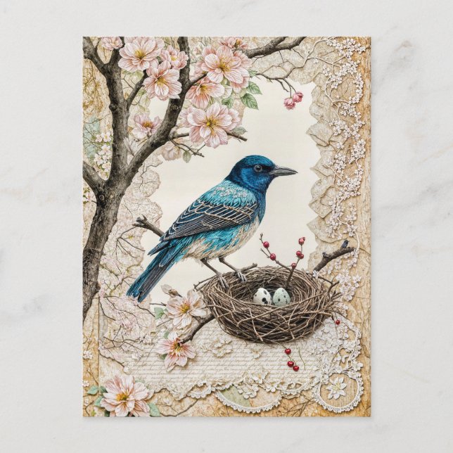 Postal Festiva Pájaro azul en flores con nido (Anverso)