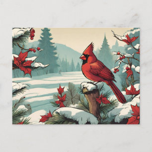 Postal Festiva Pájaro cardenal rojo y bayas silvestres rojas