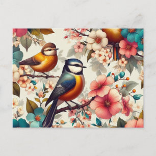 Postal Festiva Pájaro lindo con fisura de flores en una costura d