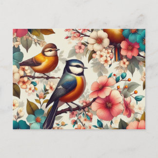 Postal Festiva Pájaro lindo con fisura de flores en una costura d