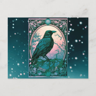 Postal Festiva Pájaro negro rosa y verde Halloween celestial