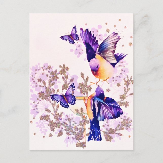 Postal Festiva Pájaros acuarela floral púrpura brillo (Anverso)