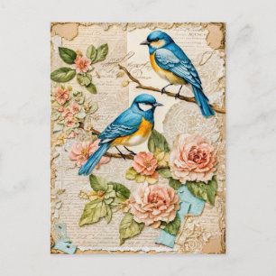 Postal Festiva Pájaros azules con Rosas