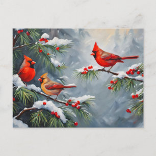 Postal Festiva Pájaros Cardenal Rojo con Bayas Silvestres del Bos