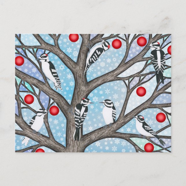 Postal Festiva pájaros carpinteros en el árbol de vidrio manchado (Anverso)