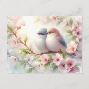 Postal Festiva Pájaros de Amor de Primavera Flor de Cerezo Floral