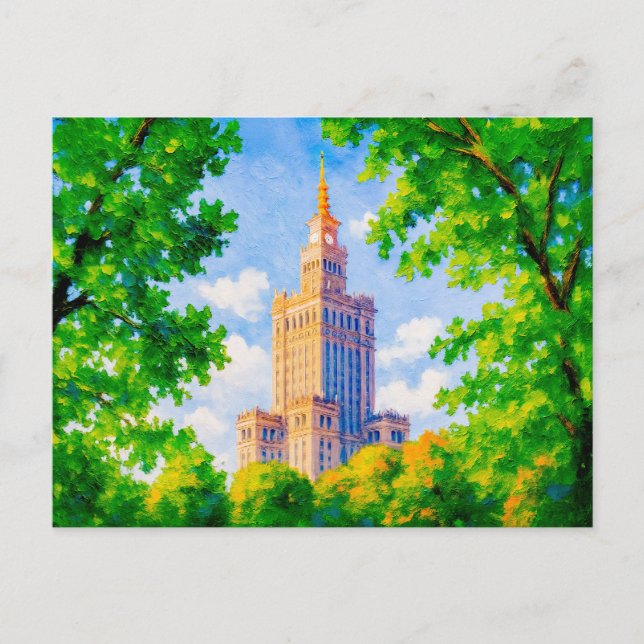 Postal Festiva Palacio de Cultura Varsovia - pintura al óleo con  (Anverso)
